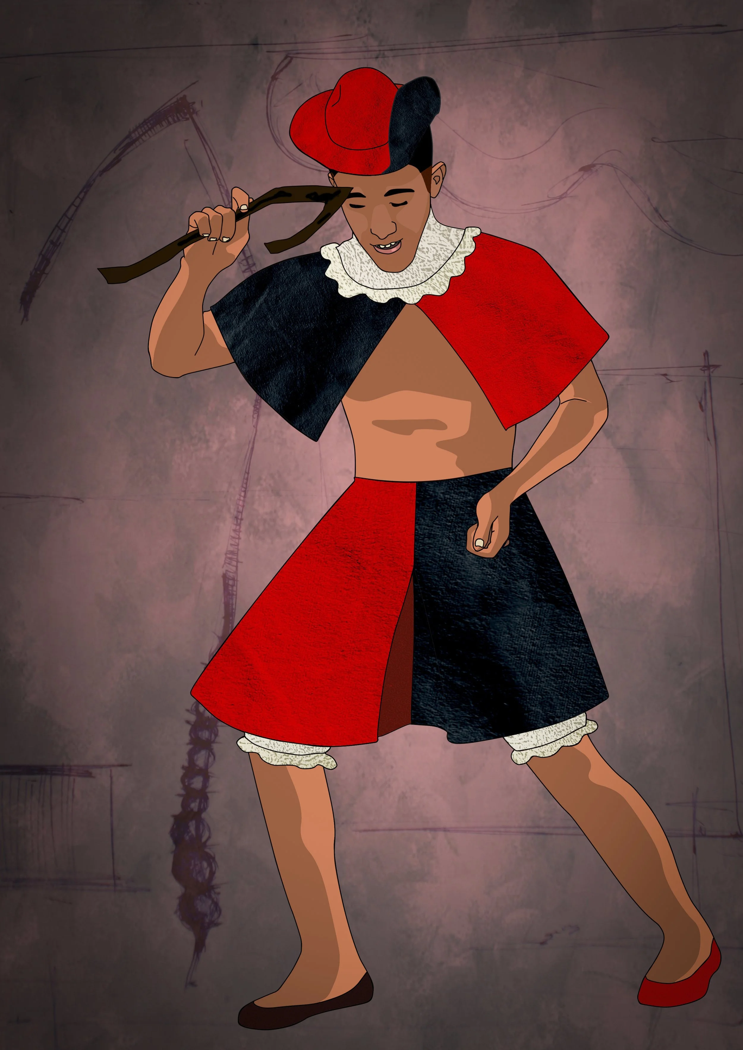 Patricia Machin Miami Portfolio Designer Art Director  Illustration of a person dressed as a clown, with a red and black cape, red shorts, a black and red hat, holding a stick, and standing against a textured background.