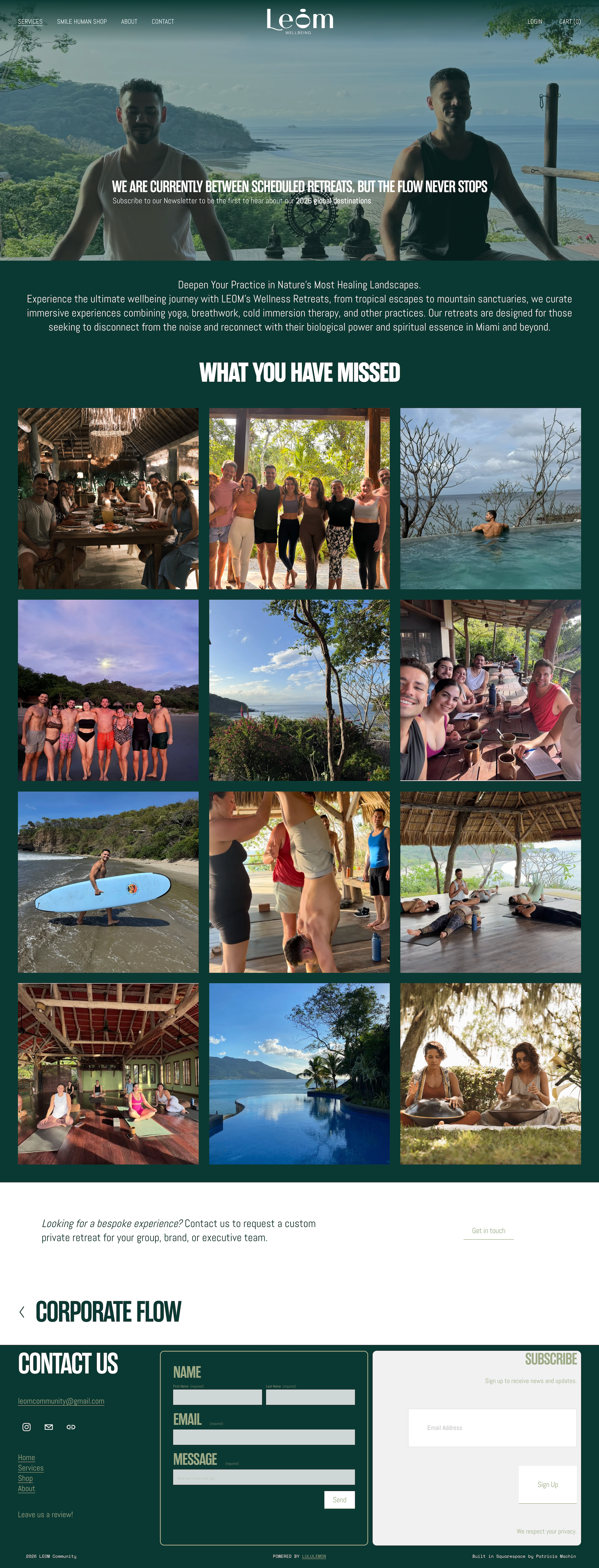 Patricia Machin Miami Portfolio Designer Art Director  Website homepage for Leöm wellness retreats featuring scenic tropical landscape and images of people engaging in relaxation, yoga, and group activities.