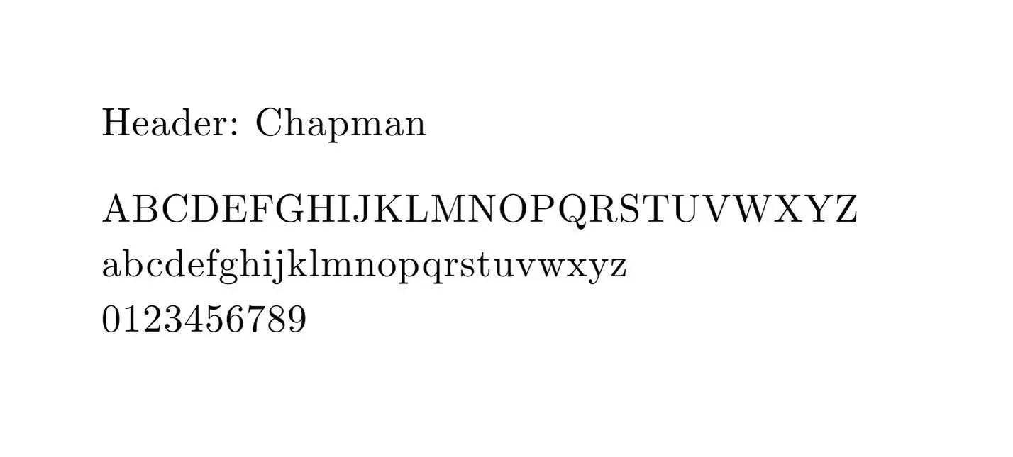 Sample text demonstrating a font called Chapman, including uppercase, lowercase, and numbers.