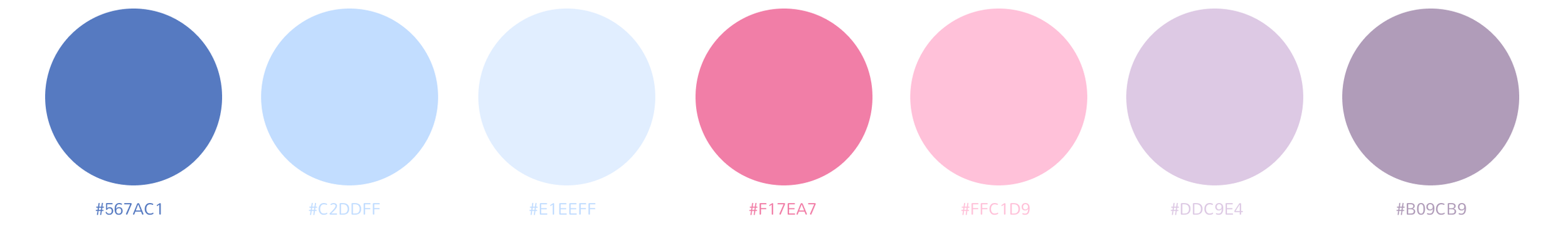 Patricia Machin Miami Portfolio Designer Art Director  Color palette with seven circles showing shades of blue, pink, and purple, each labeled with hexadecimal color codes.