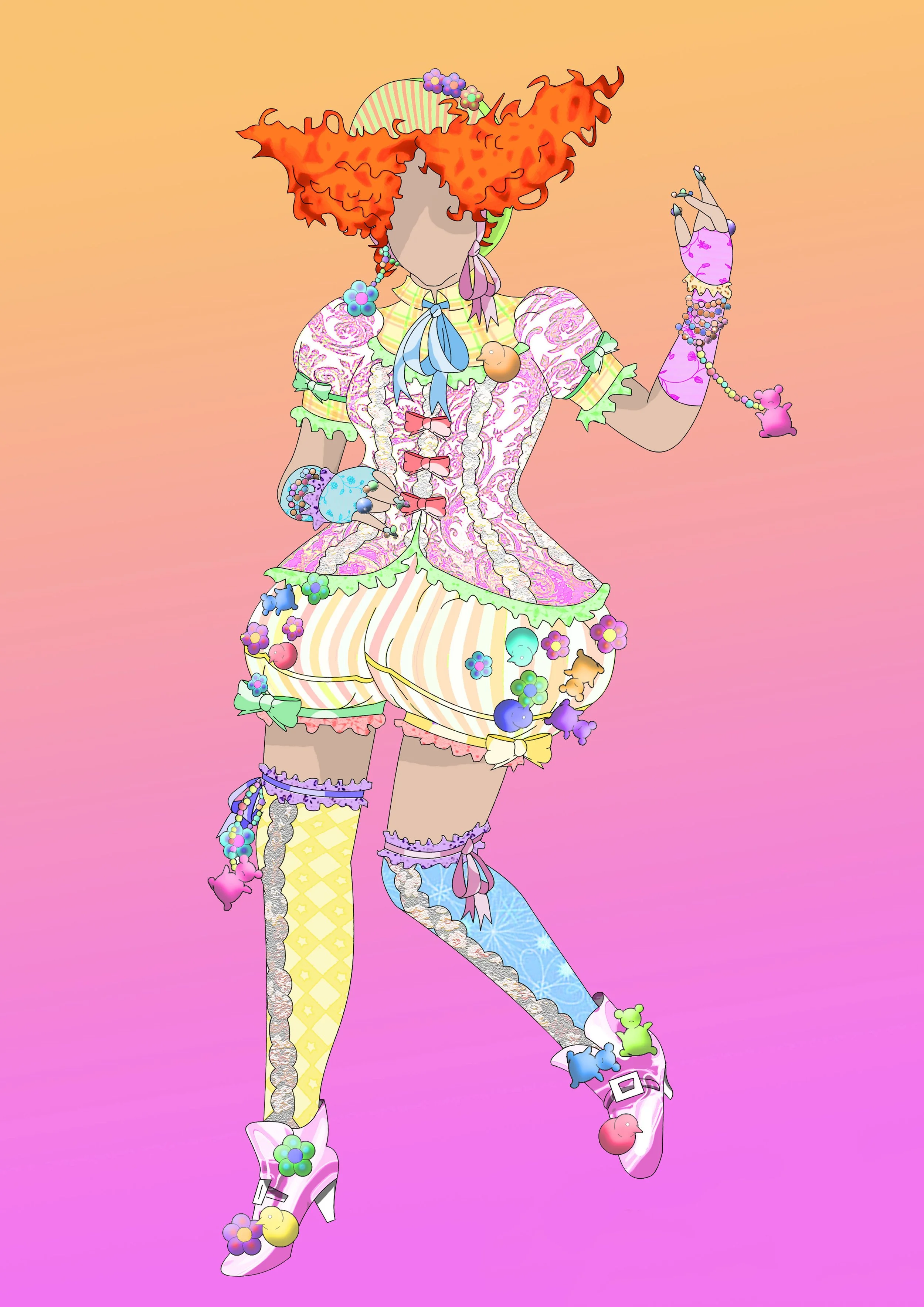 A cartoon-like girl with bright orange, curly hair and a hat decorated with flowers. She is wearing colorful clothing with lots of bows, flowers, and charms, including thigh-high socks with different patterns and high-heeled shoes adorned with bows a