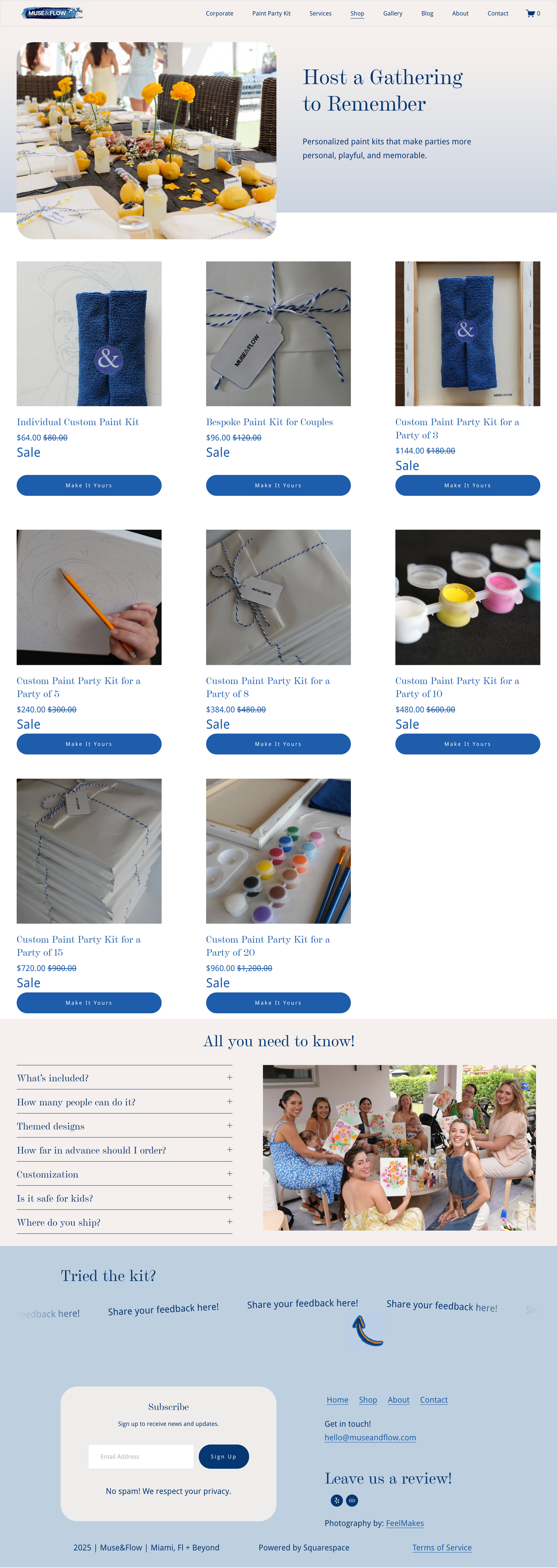 Patricia Machin Miami Portfolio Designer Art Director  Website homepage for Muse & Flow showcasing personalized paint kits for parties with images of various paint kits, a decorated party table, and groups of women at a paint party.