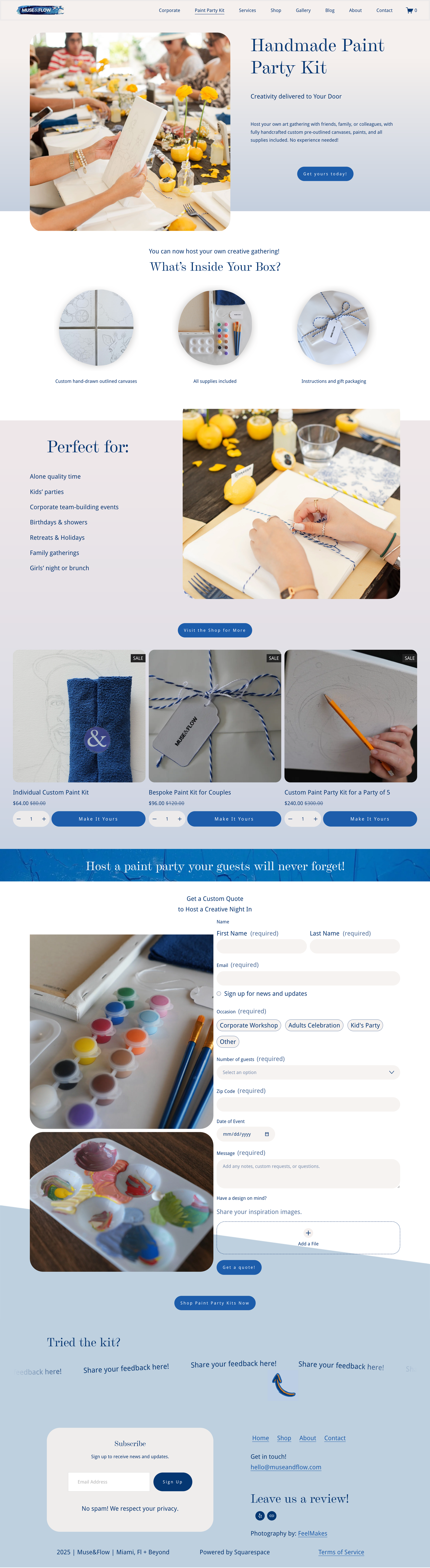 A website webpage advertising a Handmade Paint Party Kit. The page features images of painting supplies, crafters in a workshop, and decorated painted items. It highlights the kit's contents such as custom paints, brushes, and canvases, and suggests perfect occasions for use like parties, family gatherings, and celebrations.