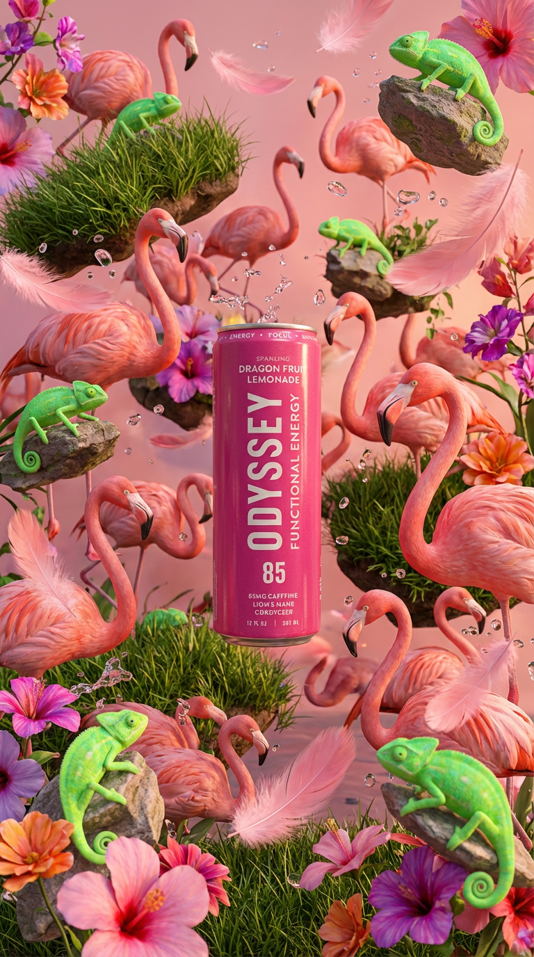 A colorful, fantasy scene featuring a pink can of Odyssey functional energy drink surrounded by pink flamingos, green chameleons, various pink and purple flowers, green grass patches, floating pink feathers, and water droplets against a soft pink background.
