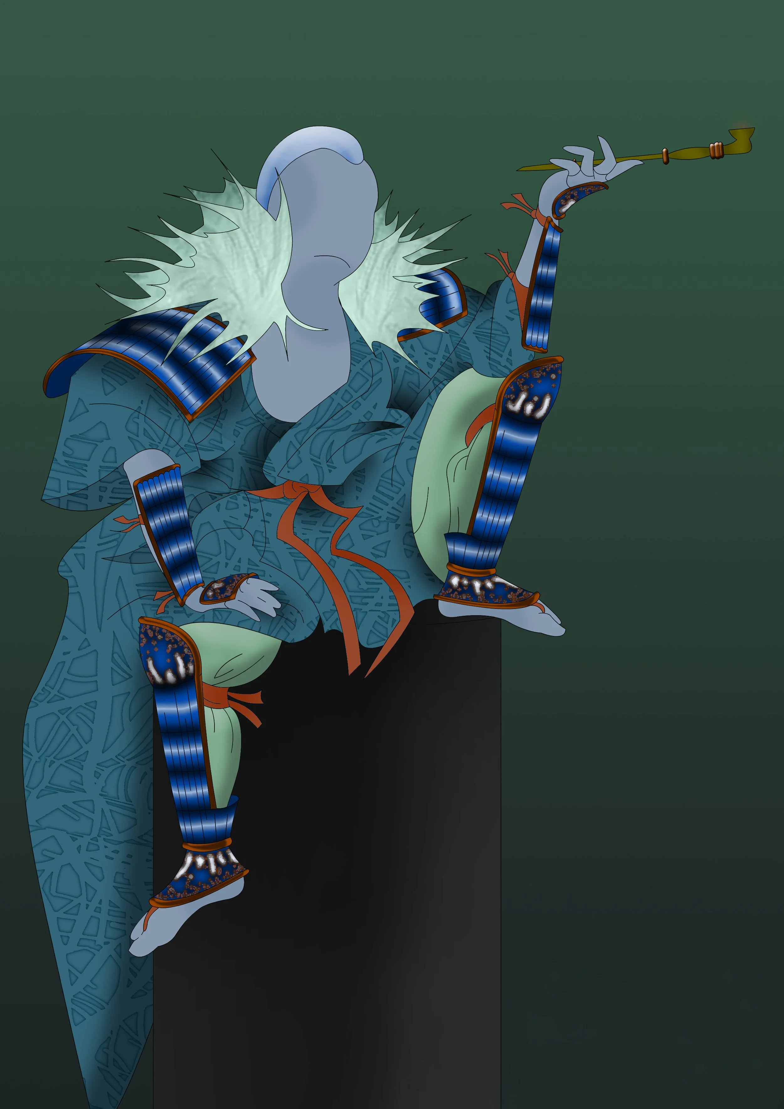 Patricia Machin Miami Portfolio Designer Art DirecDigital illustration of a fantasy character in ornate blue armor with intricate designs, sitting on a black pedestal against a dark green background, holding a staff with a golden ornament at the top.