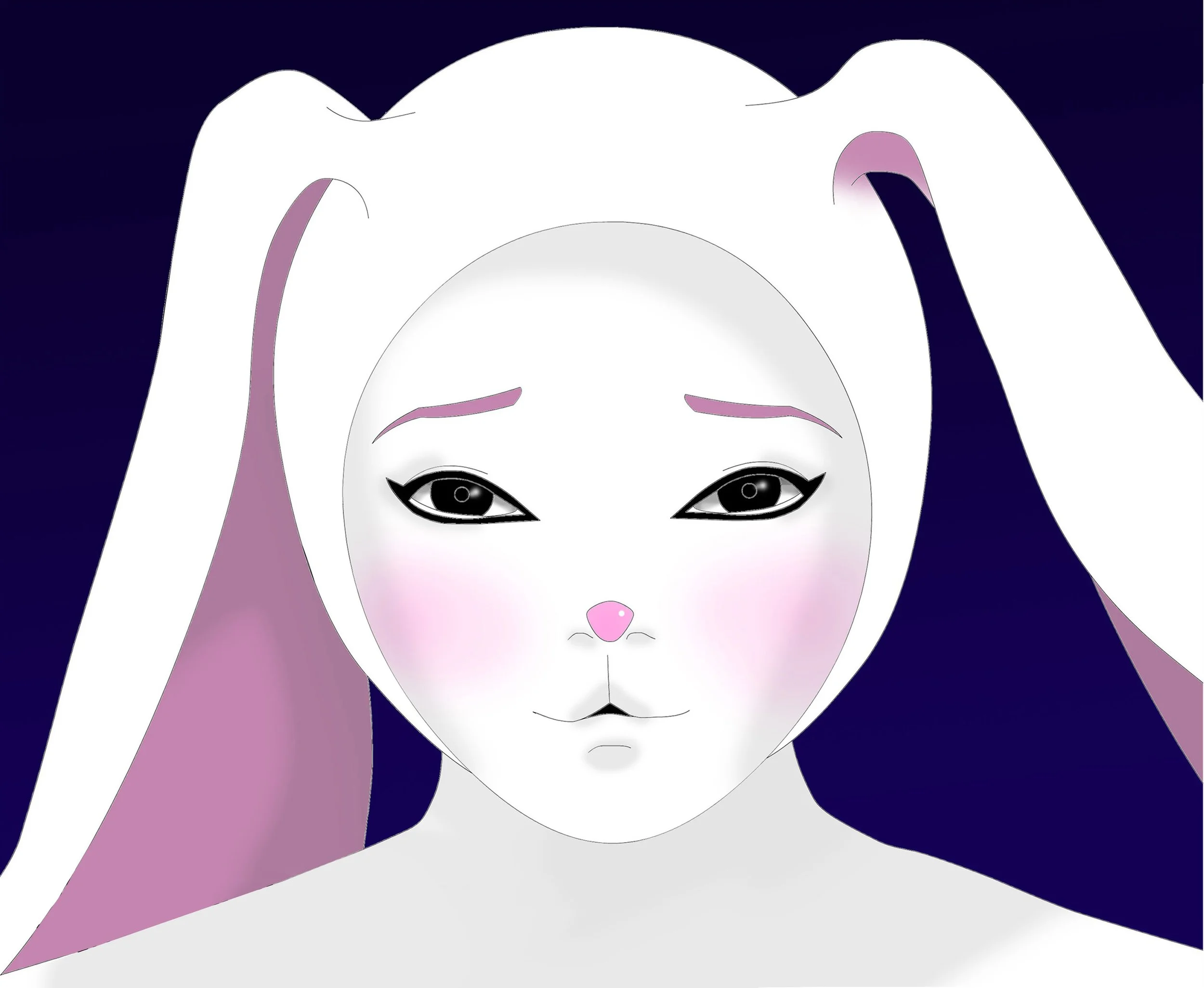 Patricia Machin Miami Portfolio Designer Art Director  Digital illustration of a humanoid rabbit with white fur, pink cheeks, and long pink-tipped ears, against a dark blue background.