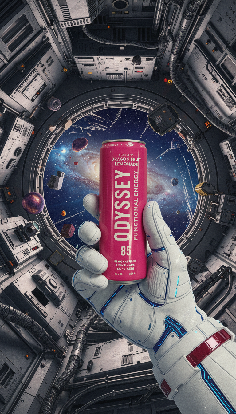 Patricia Machin Miami Portfolio Designer Art Director  A robotic astronaut hand holding a pink can of Odyssey functional energy drink inside a spacecraft with a view of outer space and planets through the circular window.