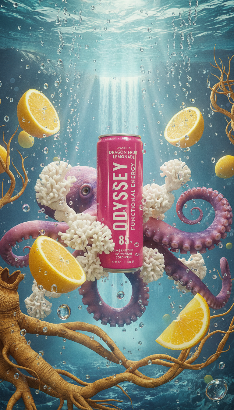 Patricia Machin Miami Portfolio Designer Art Director  An underwater scene with an octopus surrounded by lemon slices, seaweed, and bubbles, featuring a pink can of Odyssey Dragon Fruit Lemonade at the center.