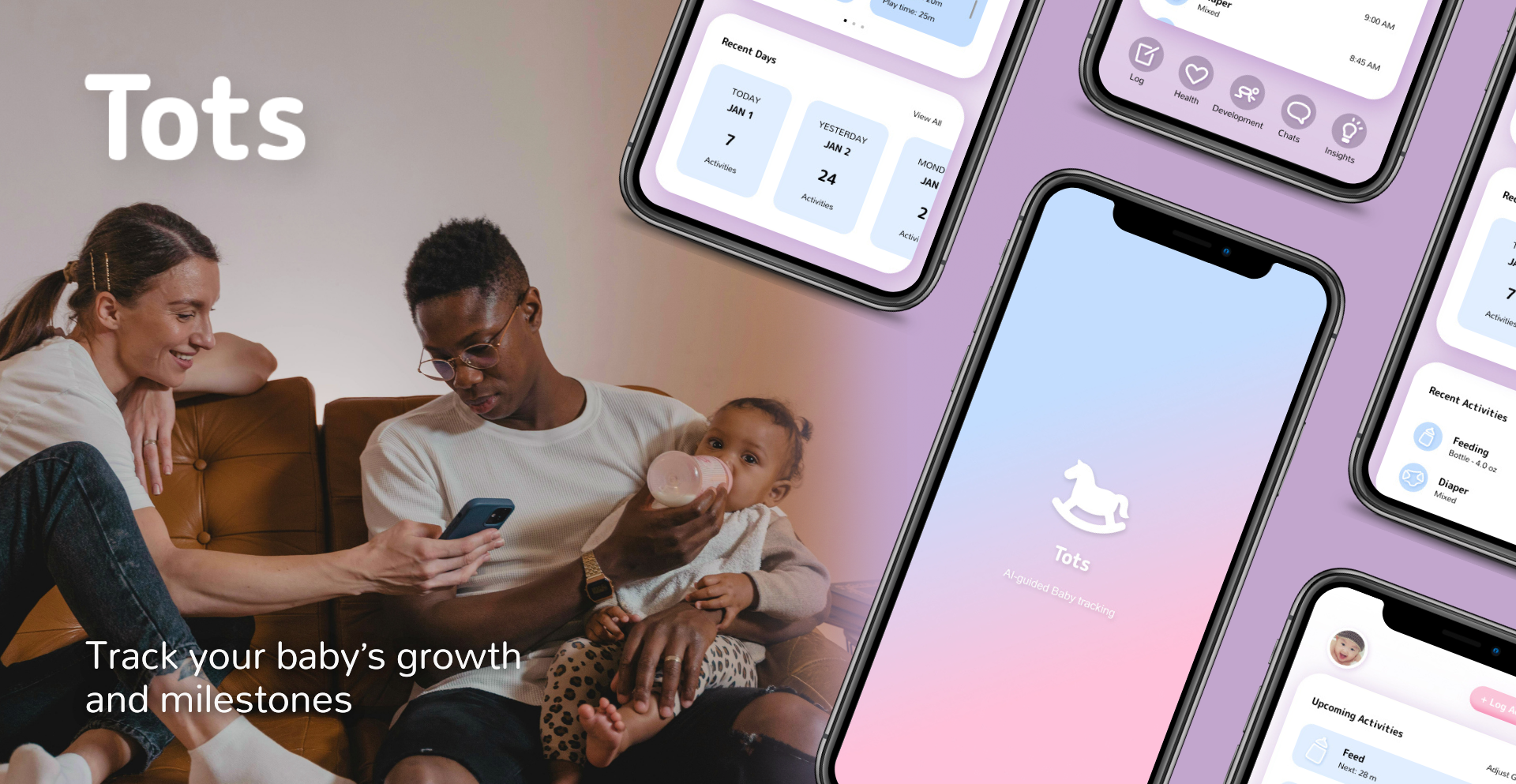 Photo of a woman and a man with a baby sitting on a couch, while the woman shows something on her phone. Several smartphones displaying a baby tracking app are overlaid on the image. Text on the image says, 'Tots. Track your baby’s growth and milestones.'
