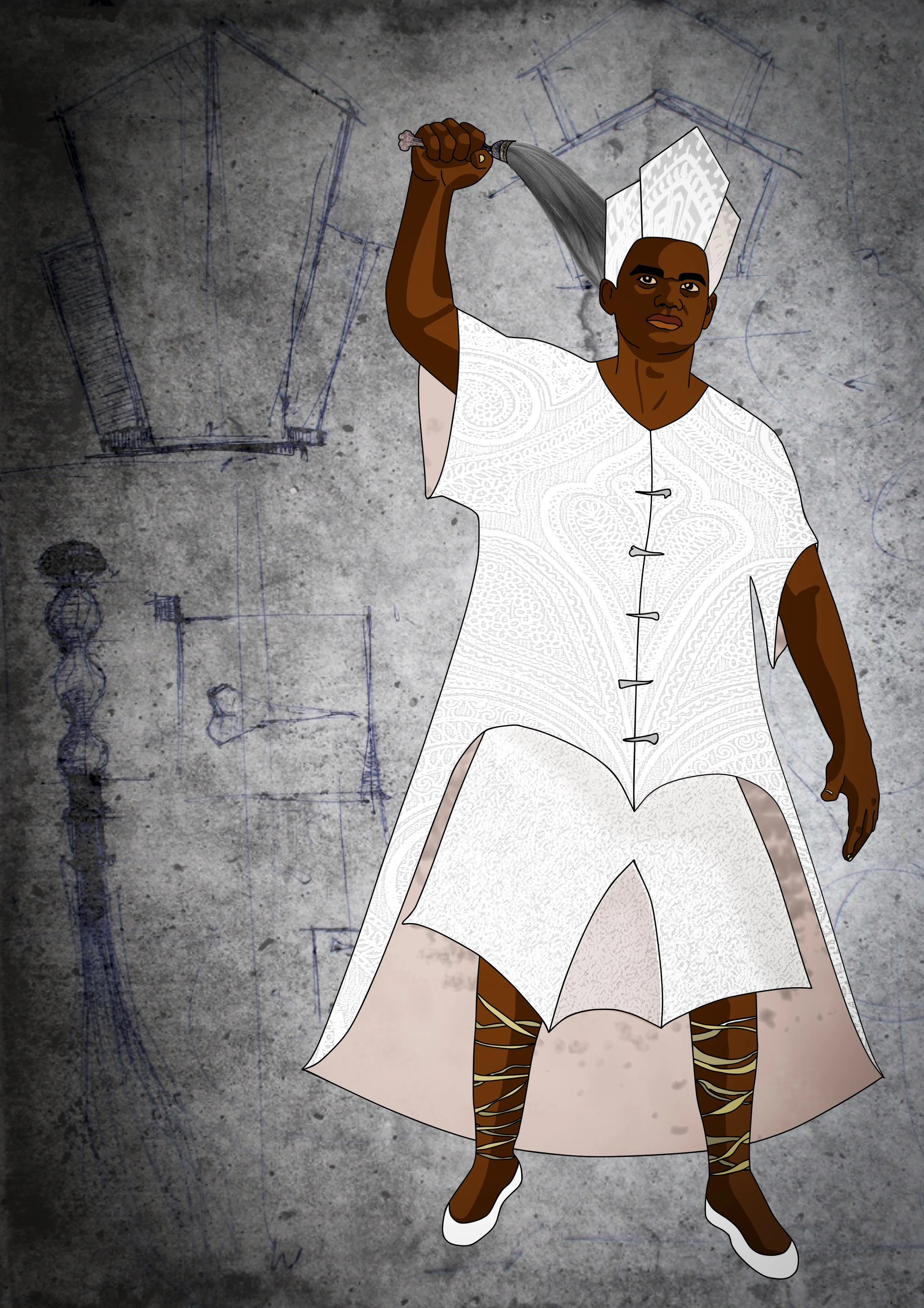 Patricia Machin Miami Portfolio Designer Art Director  Digital illustration of a person with dark skin, dressed in traditional African clothing, holding a watering can. The background has sketches of architectural designs on a concrete wall.