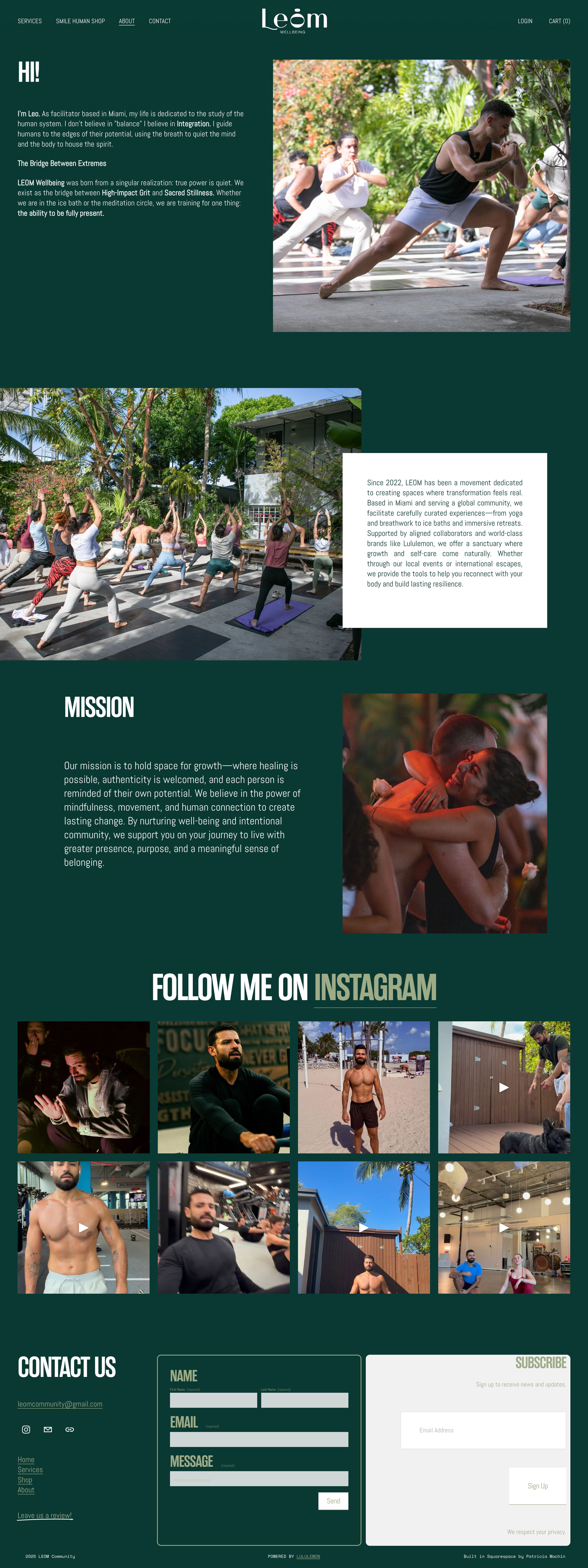 Website homepage for Leom Wellbeing, featuring images of people practicing yoga outdoors, engaging in group fitness, and embracing. Contains sections about their mission, community, social media links, and a contact form.