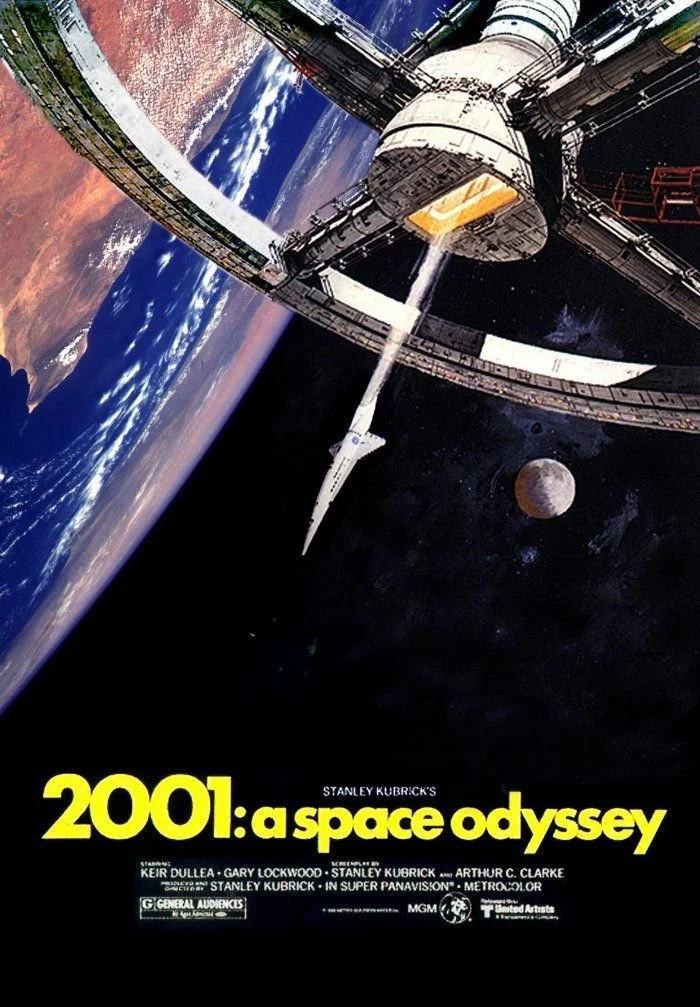 A spacecraft in space with Earth in the background and the moon visible nearby. The scene is from the movie poster for '2001: A Space Odyssey'.