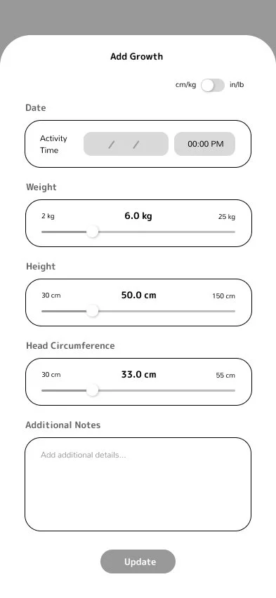 Patricia Machin Miami Portfolio Designer Art Director  Screen of a growth tracking app showing current weight (6.0 kg), height (50.0 cm), and head circumference (33.0 cm) with sliders for input and an add notes section.