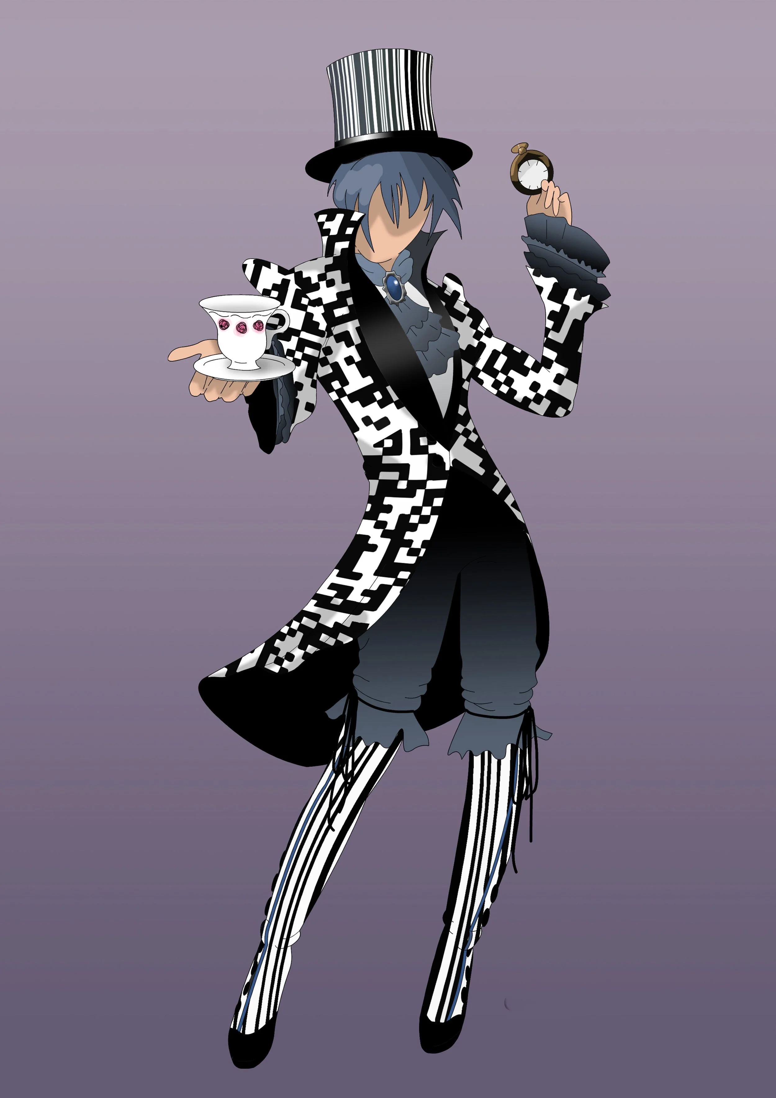 Patricia Machin Miami Portfolio Designer Art Director  Anime character in black and white patterned suit, top hat, and striped tights holding a teacup with pink gemstones and a small pocket watch.