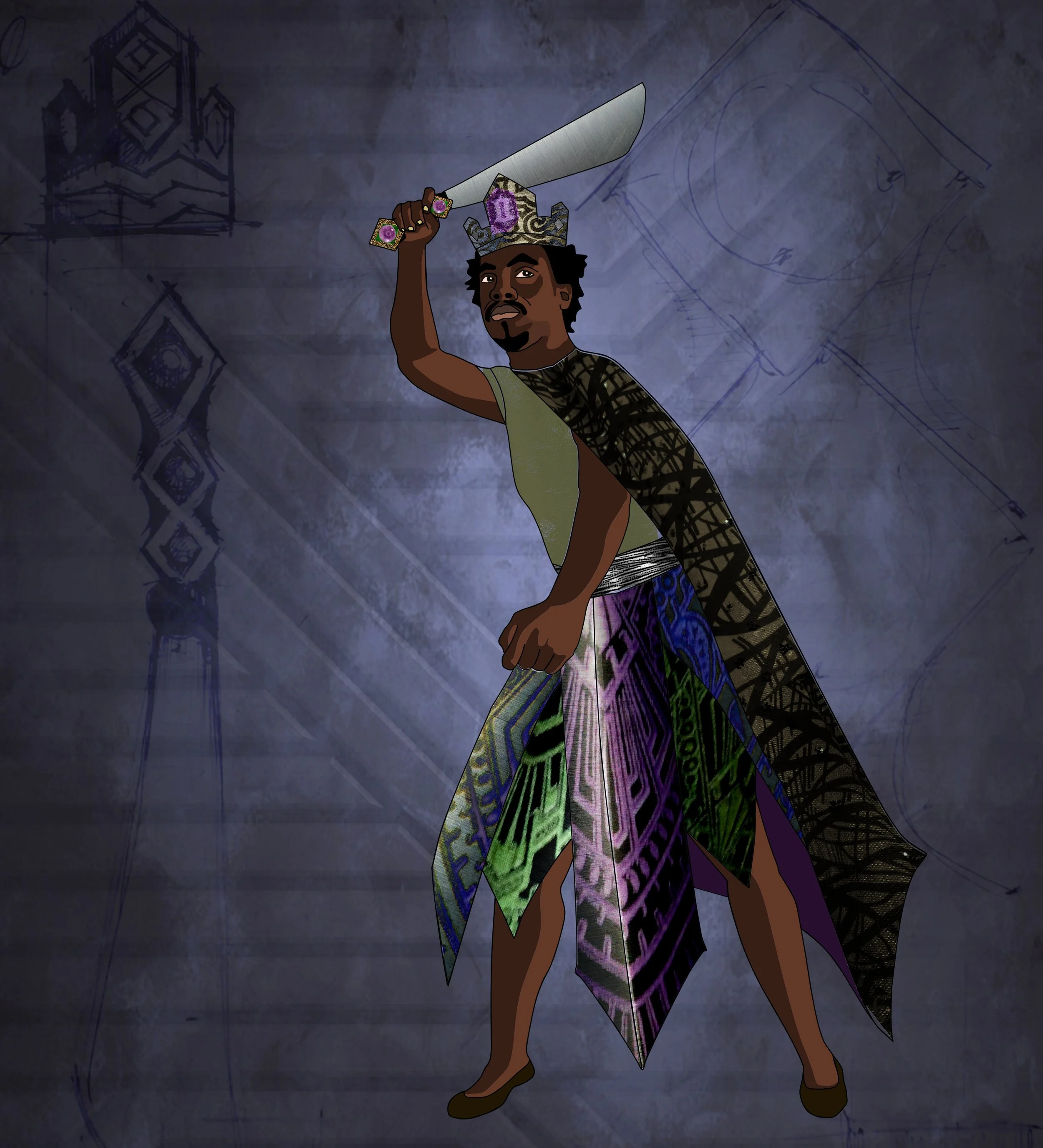 Illustration of a man wearing a crown with purple jewelry, holding a large knife, dressed in a tan shirt, a black patterned cape, and colorful patterned pants, standing in front of a dark background with architectural blueprints and sketches.