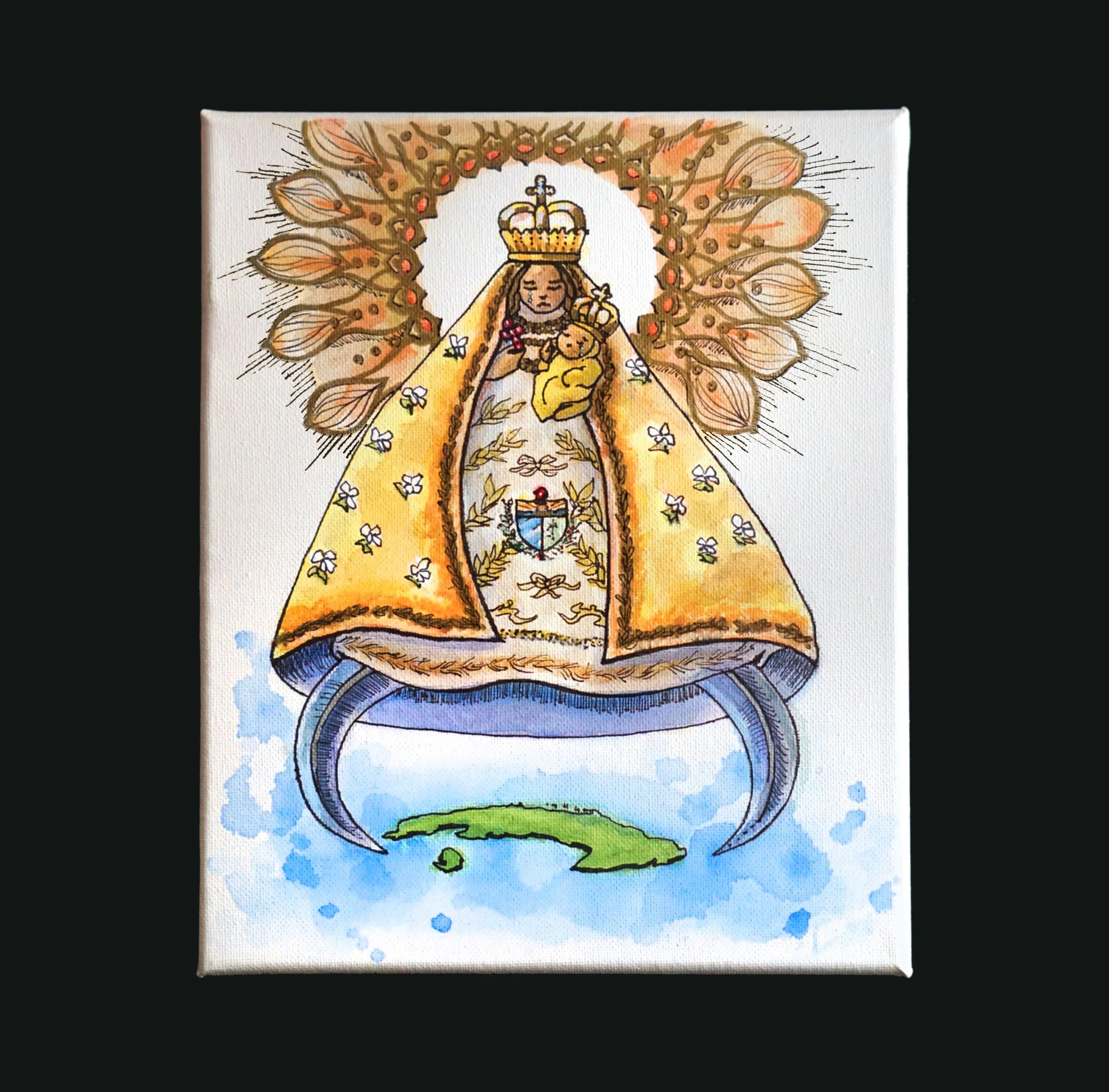 Watercolor painting of a religious figure, possibly Our Lady of Aparecida, depicted with a golden crown, a yellow mantle with floral patterns, and holding a child. She is surrounded by a halo and floral decorations, with a ribbon-like structure beneath her.