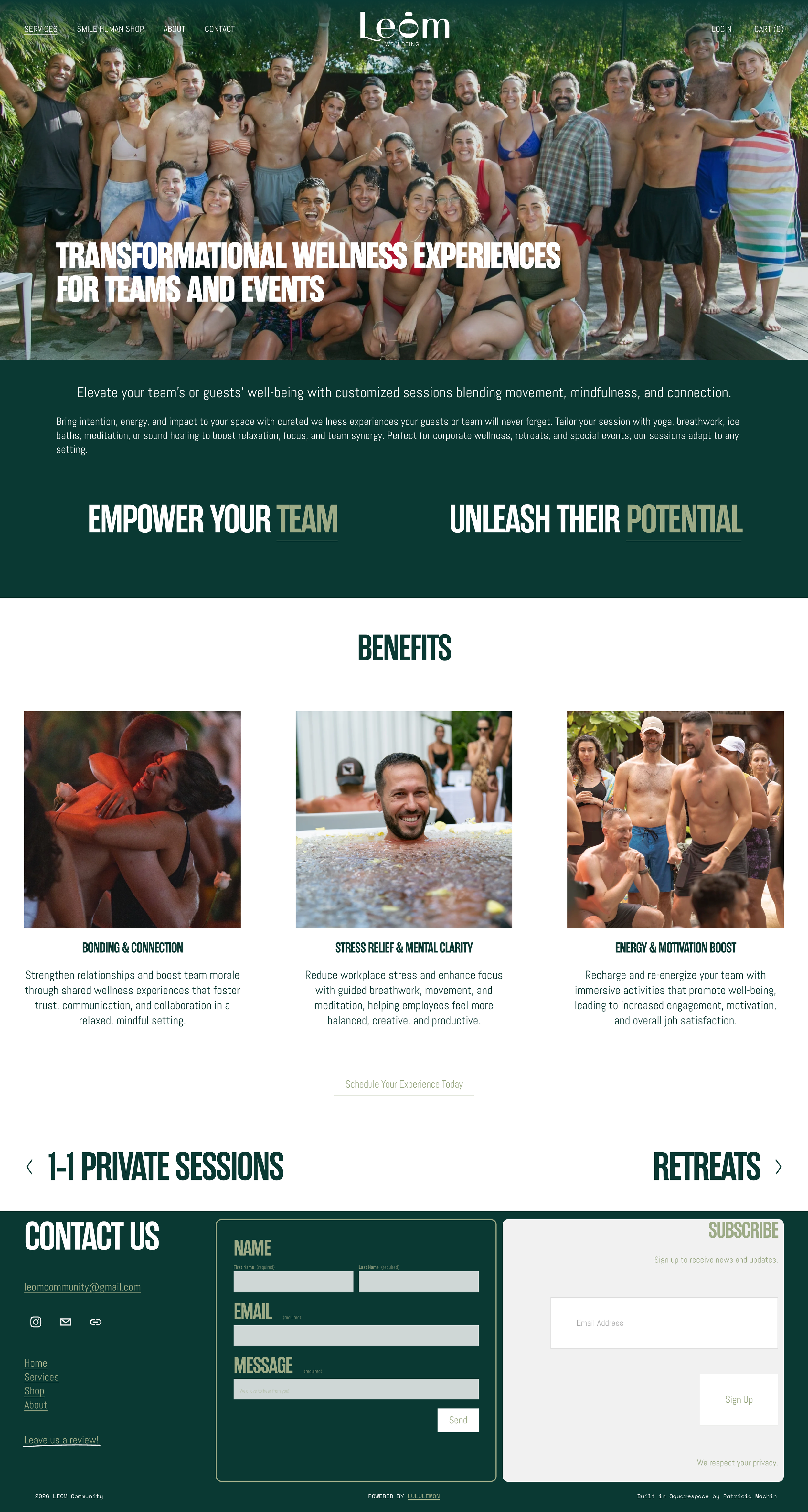 Patricia Machin Miami Portfolio Designer Art Director  A diverse group of people in swimsuits and casual clothing, smiling and posing outdoors in a tropical setting with greenery and water, celebrating wellness and team bonding.