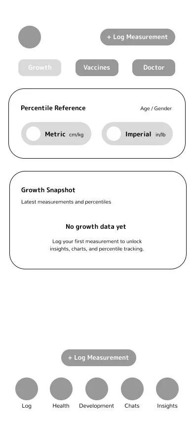 Patricia Machin Miami Portfolio Designer Art Director  Mobile app interface for tracking growth measurements, with options to log measurements, view growth snapshots, and select measurement units in metric or imperial systems.