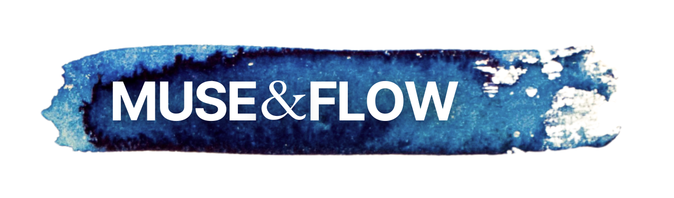 Patricia Machin Portfolio Designer and Art Director Muse&Flow Watercolor splash with text 'MUSE & FLOW' in white and blue colors.