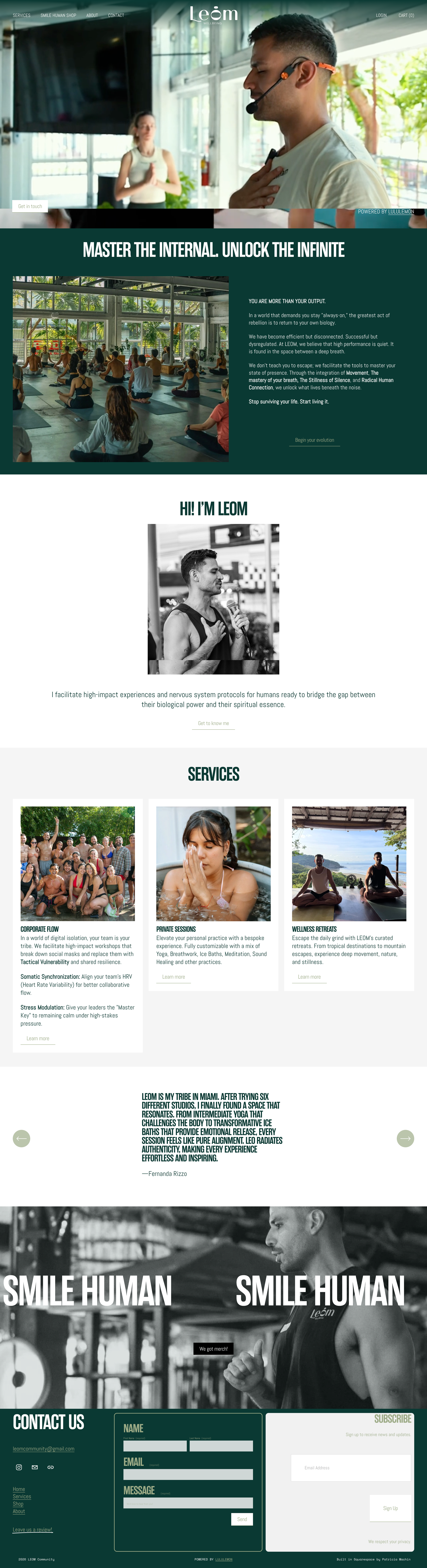 Webpage homepage for Leom, a wellness and meditation center. Features include images of meditation classes, a speaker, and contact form, with sections on services like corporate flow, private sessions, and wellness retreats.