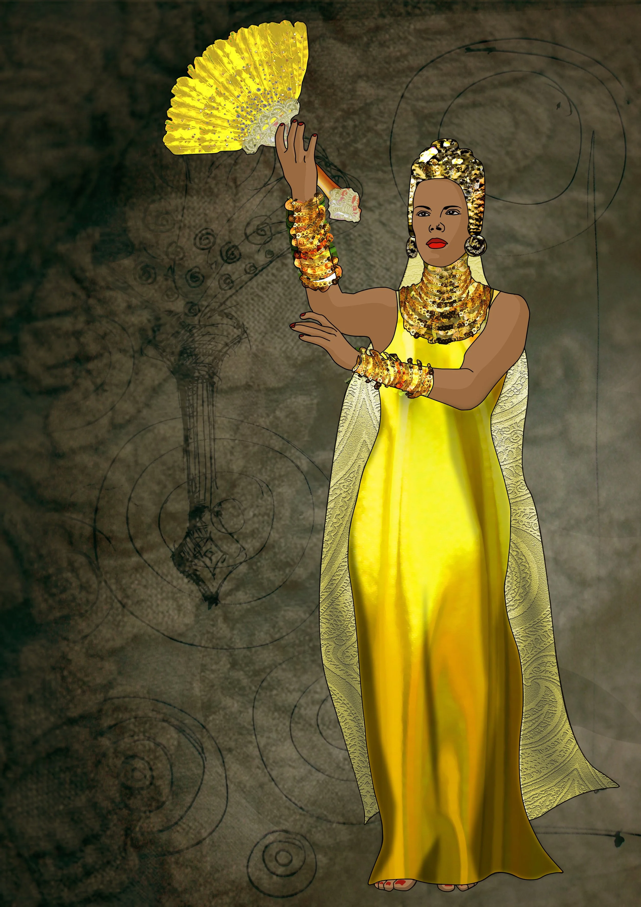 Patricia Machin Portfolio Designer and Art Director A woman dressed in a flowing yellow gown holding a yellow fan, adorned with gold jewelry, against a textured background with sketch-like designs.