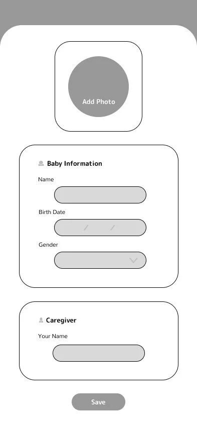 Patricia Machin Miami Portfolio Designer Art Director  Mobile app screen for a baby information form, including sections for adding a photo, entering baby's name, birth date, gender, and caregiver's name, with a save button at the bottom.