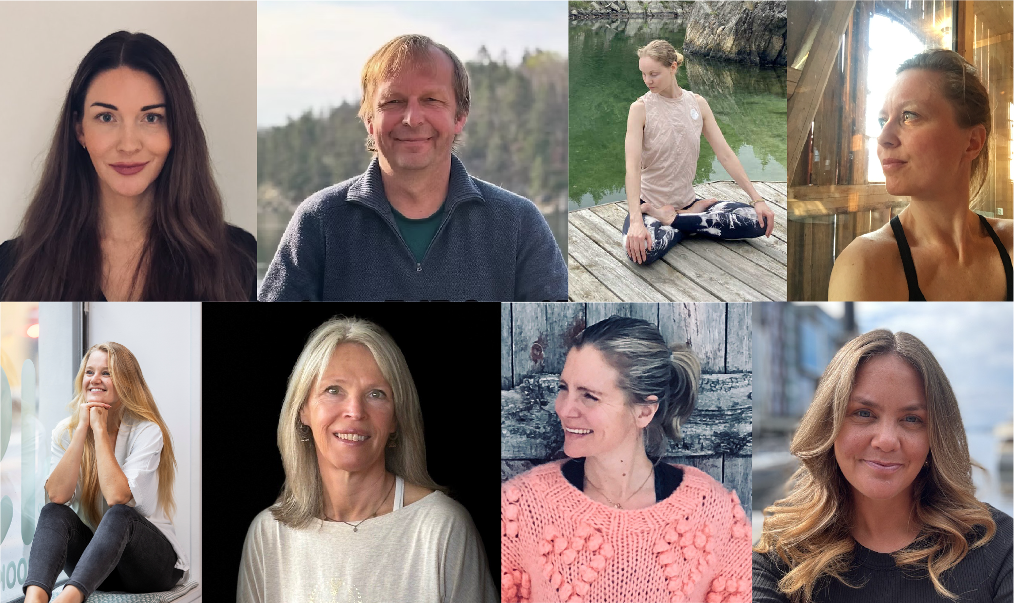 Ten bilder av ni personer, fem kvinner og to menn, i ulike situasjoner og omgivelser, inkludert utendørs ved vann, innendørs i et rom med trepanel, og på en kafé.