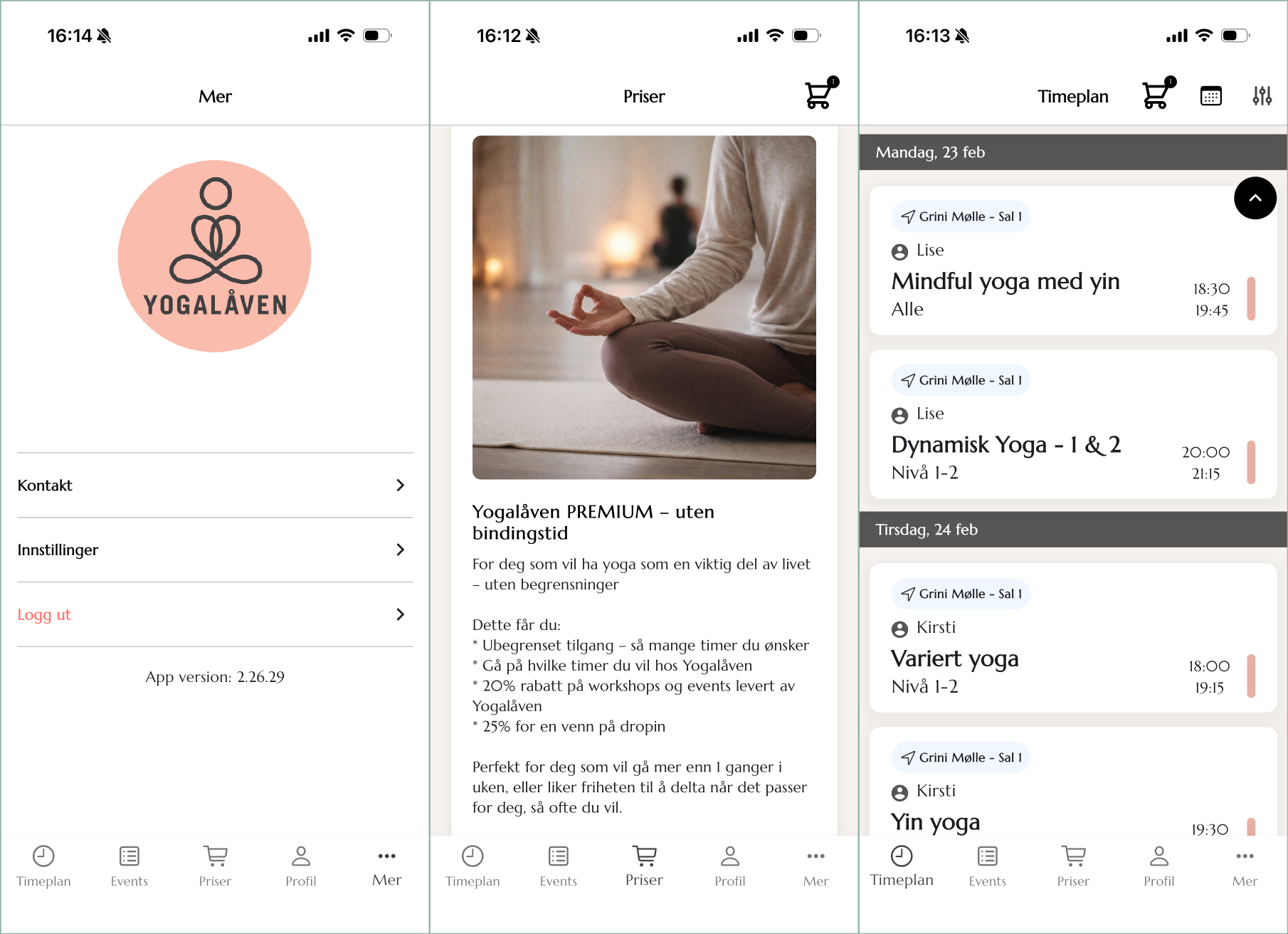 Skjermbilder av Yogalåven sin app med logo av en person i lotusposisjon, menypunkter for kontakt, innstillinger og utlogg, og bilder og informasjon om yogaøkter som mindfulness yoga, dynamisk yoga, variert yoga og yin yoga, med tider for ulike dager.