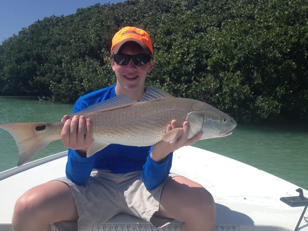 Person wearing sunglasses and an orange cap sitting on a boat, holding a redfish with both hands, with a backdrop of water and green trees.