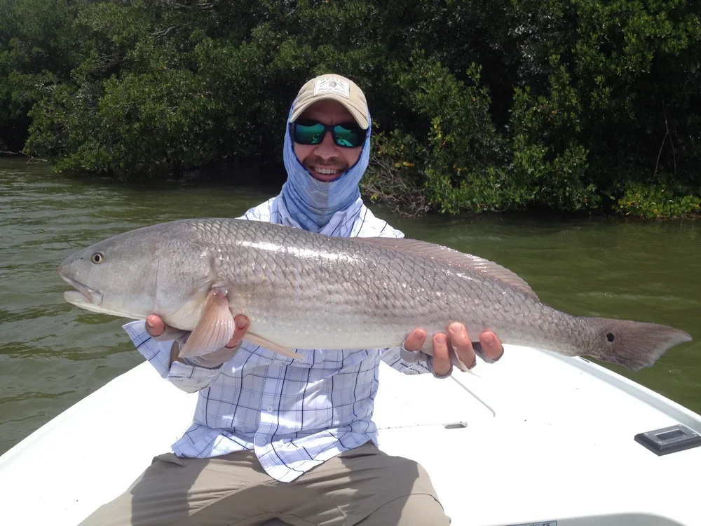 Person wearing sunglasses, a cap, and a face covering, holding a large fish on a boat with water and trees in the background.