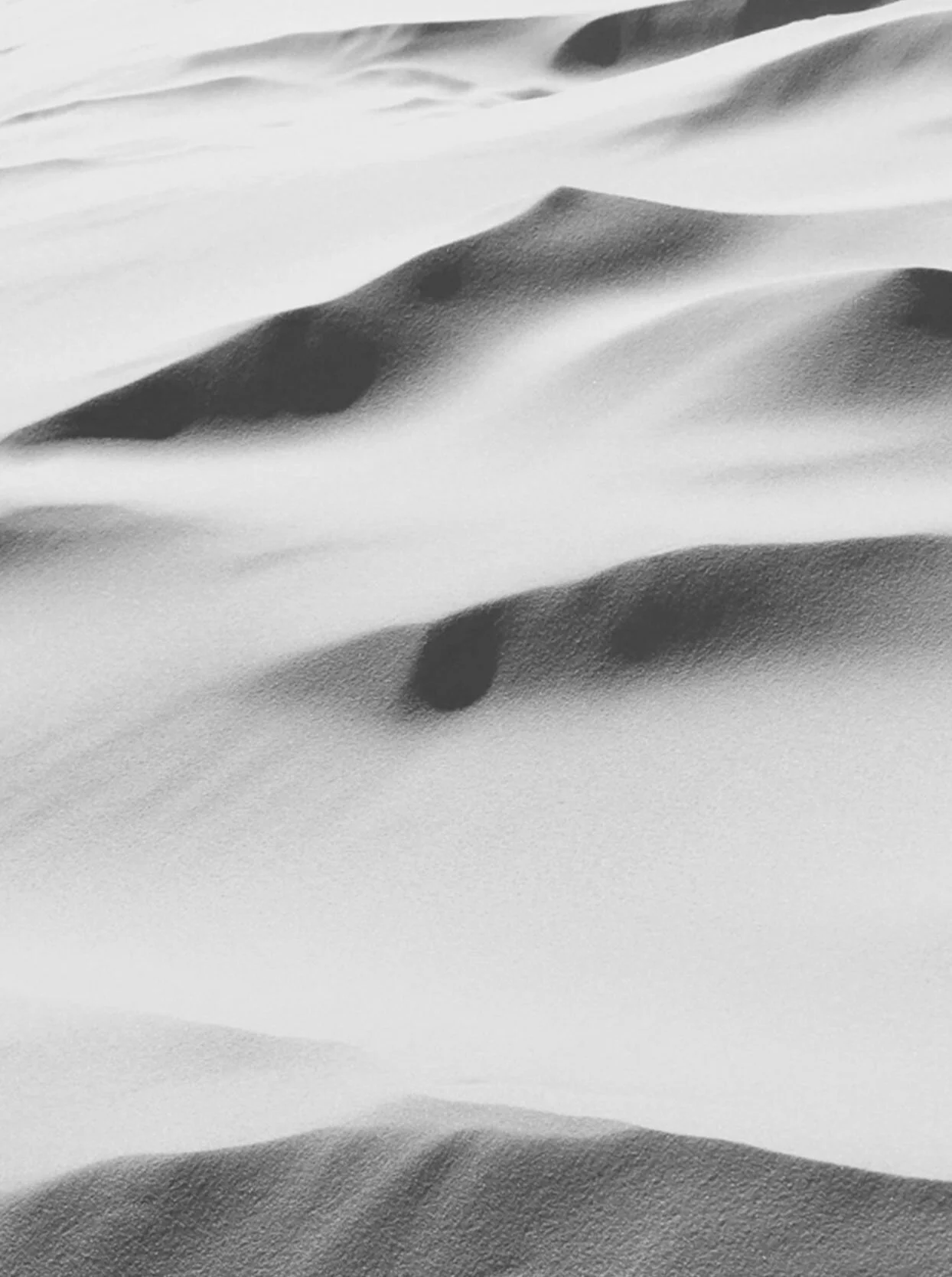 Black and white photograph of wind-blown sand dunes with shadows highlighting their curves.