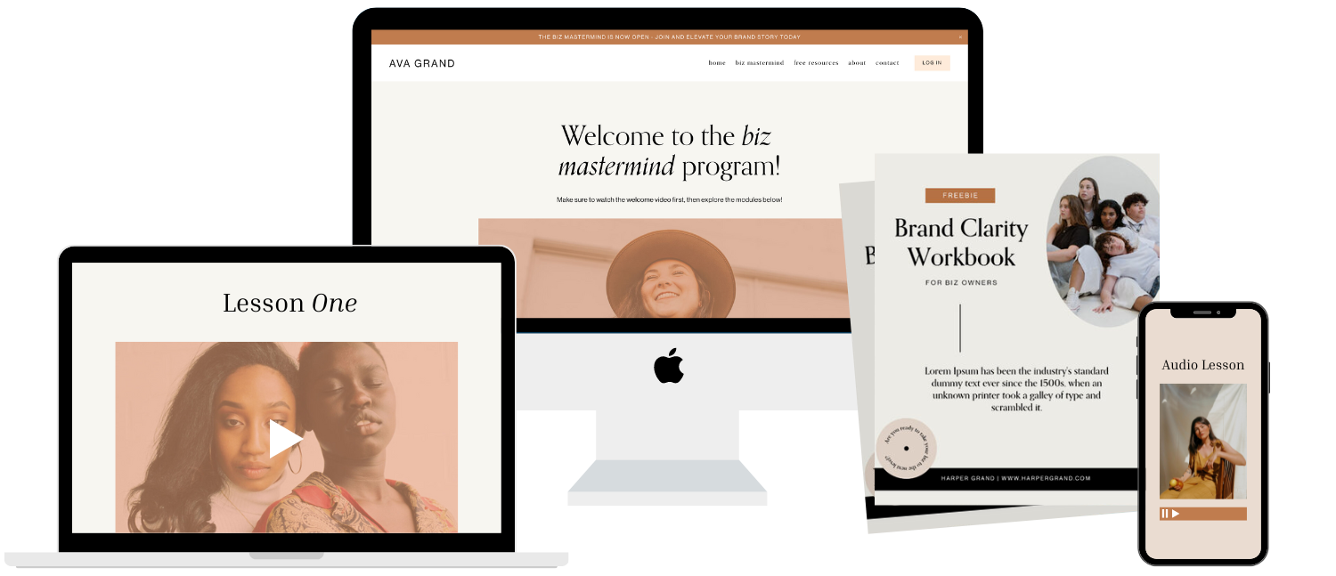 Collection of digital devices displaying online business courses and resources, including a laptop, a tablet, a smartphone, and eBooks related to branding and business mastery.