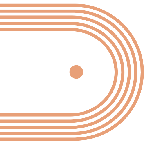 Graphic of a retro-style elliptical track with a small circle inside, featuring multiple concentric curved lines creating a layered design.