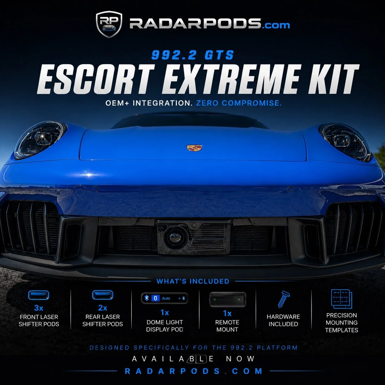 Introducing the 992.2 Porsche 911 GTS Escort Extreme Kit.

A fully integrated, vehicle-specific solution designed for those who expect more than a standard install.

&bull; 3 Front Laser Shifter Pods
&bull; 2 Rear Laser Shifter Pods
&bull; Dome Light