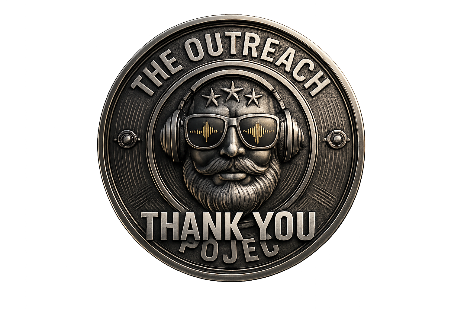 A metallic medallion with a man’s face wearing sunglasses, a beard, and headphones, with three stars above his head, and the words "THE OUTREACH PROJECT THANK YOU" around the face.