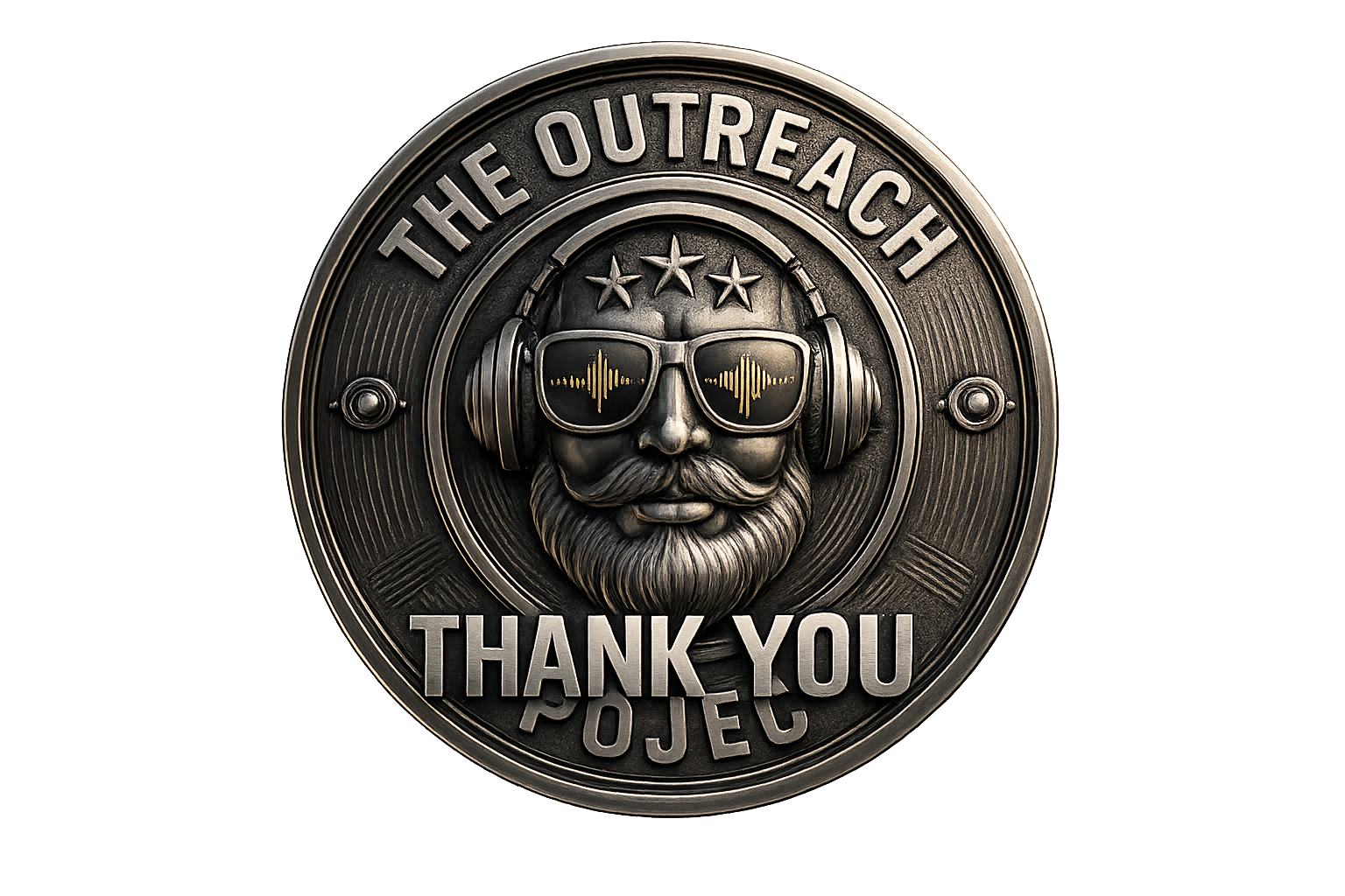 A circular bronze-colored badge with the text "The Outreach Project" and "Thank You" engraved on it. The badge features a design of a bearded man wearing sunglasses and headphones, and the sunglasses display sound wave patterns. Three stars are positioned above the man's head.