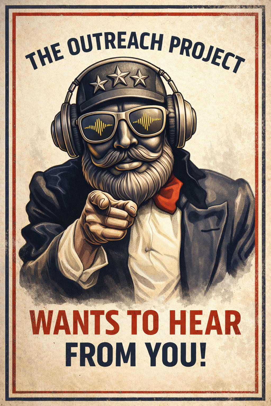 A vintage-style poster featuring a bearded man in glasses with soundwave reflections, wearing a cap with stars, headphones, a suit, and a red bow tie. The man is pointing to the viewer, with the text "The Outreach Project Wants to Hear from You!" at the top and bottom.
