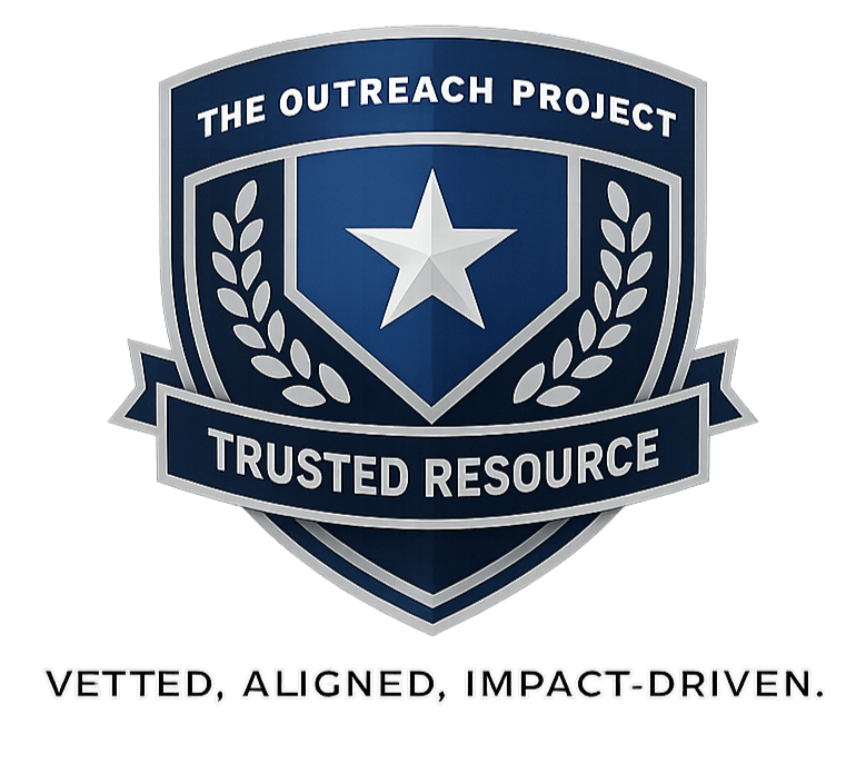 A shield-shaped badge for The Outreach Project, labeled as a trusted resource. The badge features a large white star at the center, surrounded by laurel branches, with a blue and gray color scheme. The tagline at the bottom reads, "Vetted, aligned, impact-driven."