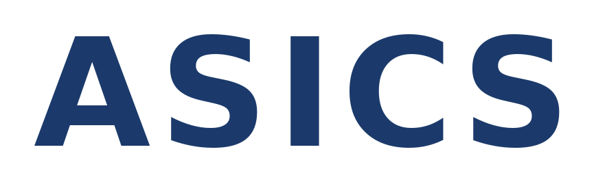 The ASICS logo in dark blue on a black background.