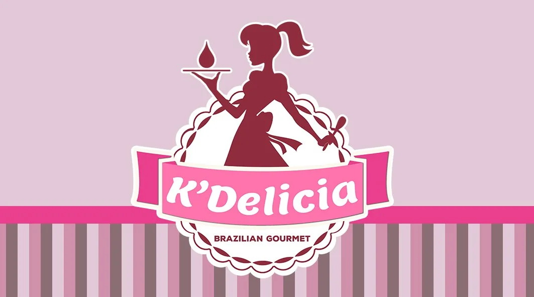 Logo for K'Delicia, a Brazilian gourmet brand, featuring a silhouette of a girl holding a tray with a spoon, with pink and purple colors and vertical stripes.