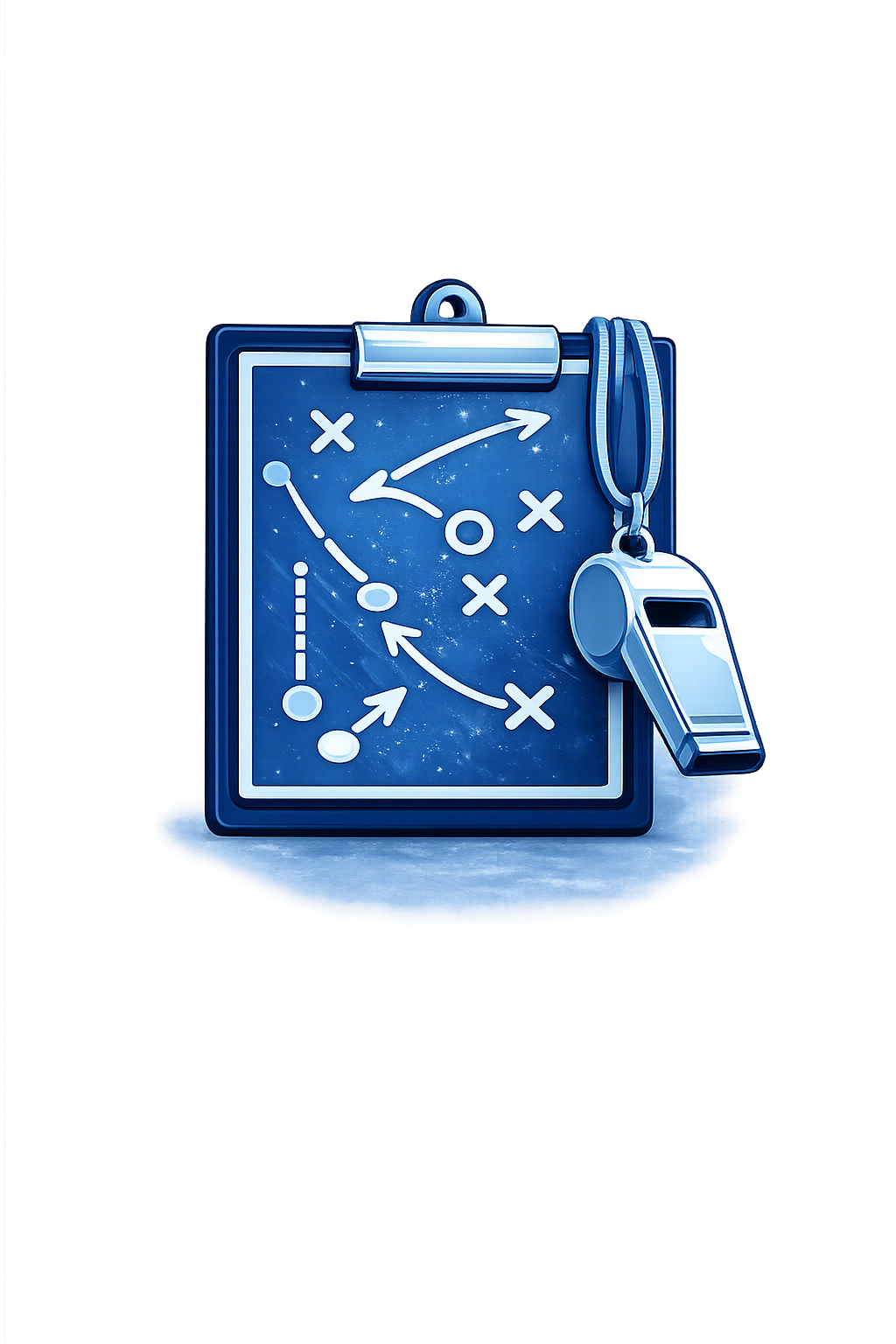 A blue clipboard with a sports strategy diagram, a whistle hanging from a lanyard attached to the clipboard.