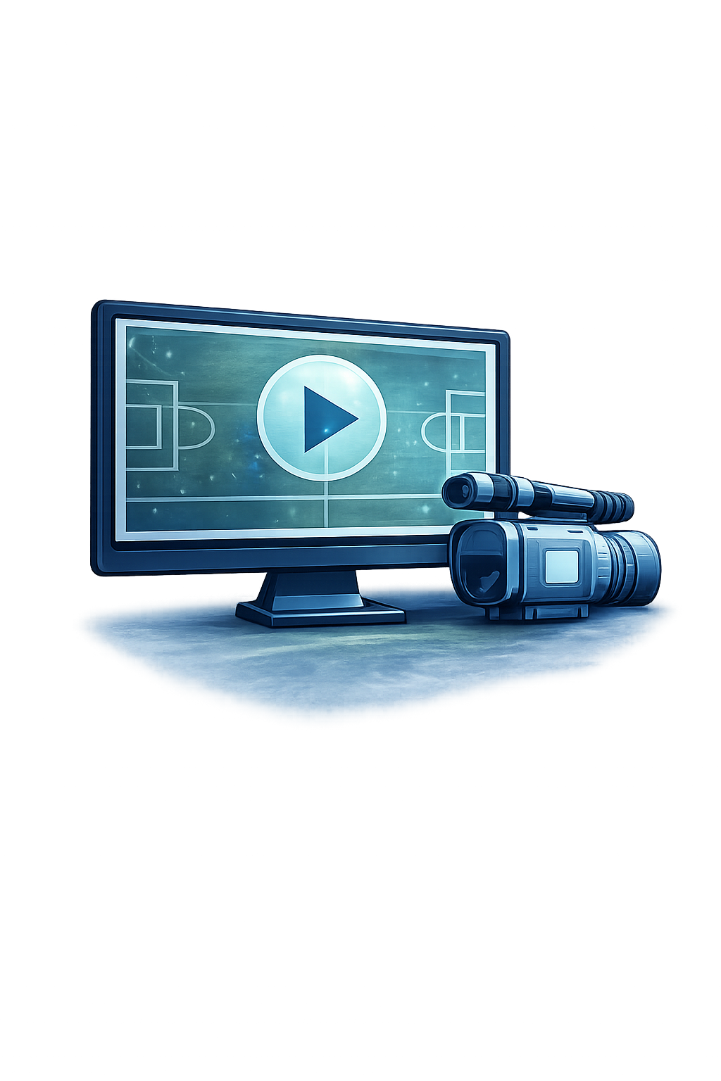 A computer monitor displaying a soccer field with a play button in the center, and a video camera placed on a table beside it.