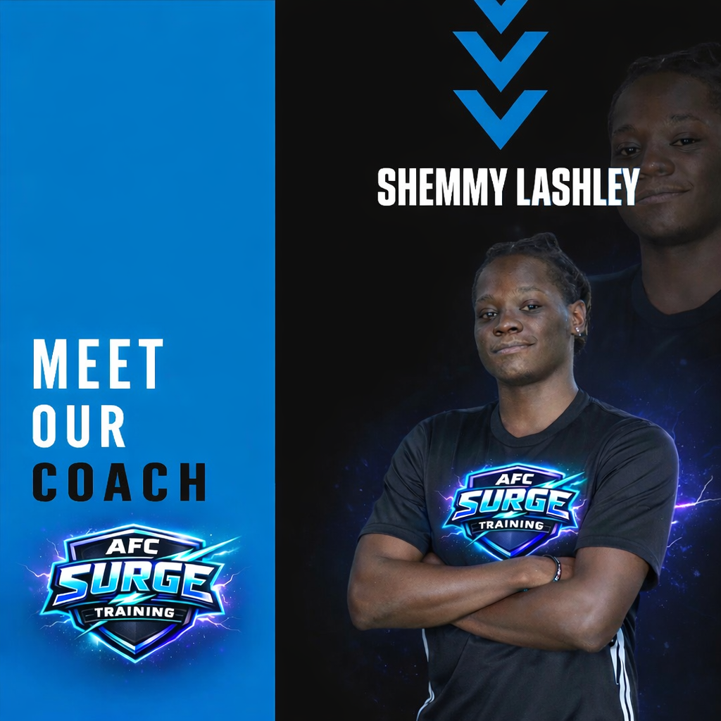 An advertisement introducing Shemmy Lashley as the new coach for AFC Surge Training, featuring her in a black athletic shirt with the AFC Surge logo, crossed arms, and a confident expression.