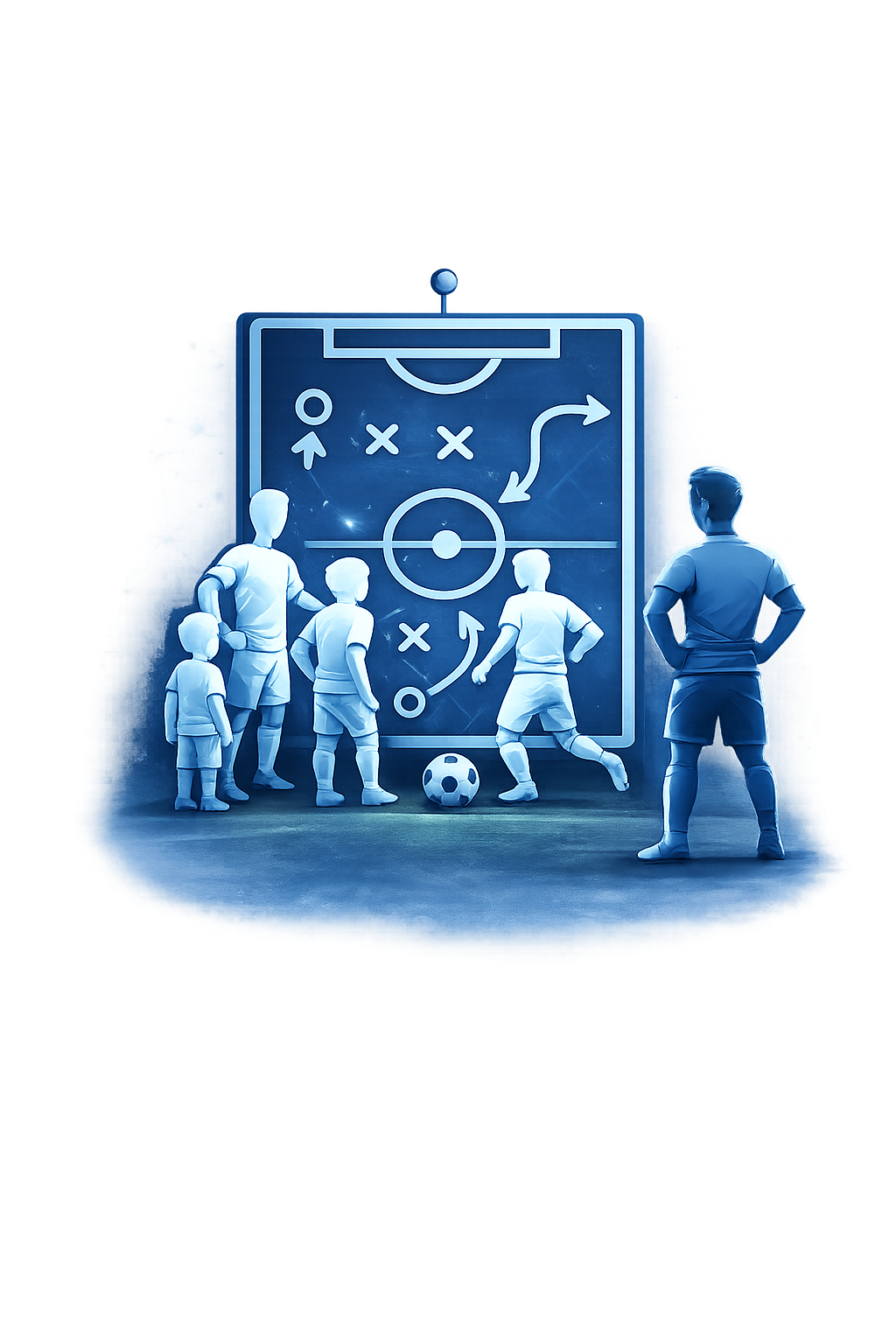 A group of children and adults gathered around a large soccer tactics diagram on a wall, with a soccer ball on the ground, illustrating a soccer play strategy.