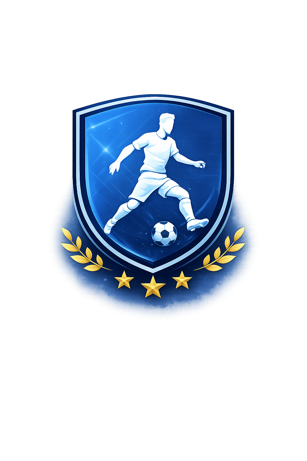 A digital graphic of a soccer player on a shield emblem, with a soccer ball and gold laurel leaves, set against a background with red lighting effects.