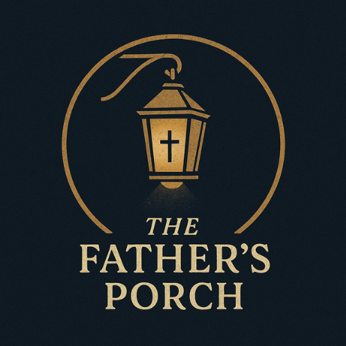 A logo featuring a hand holding a lantern with a cross, surrounded by a circle, with the text "The Father's Porch" below