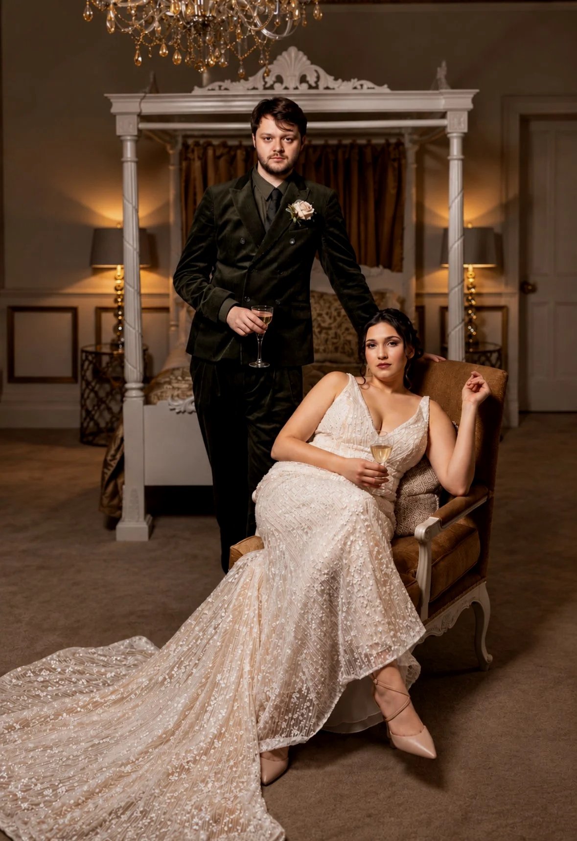 A man and woman dressed in formal attire in an elegant room with a chandelier, lamps, and ornate furniture. The woman is sitting in a vintage armchair wearing a white, embellished gown, holding a glass of wine. The man, standing beside her, is wearing a black velvet suit with a boutonniere and holding a glass of champagne.