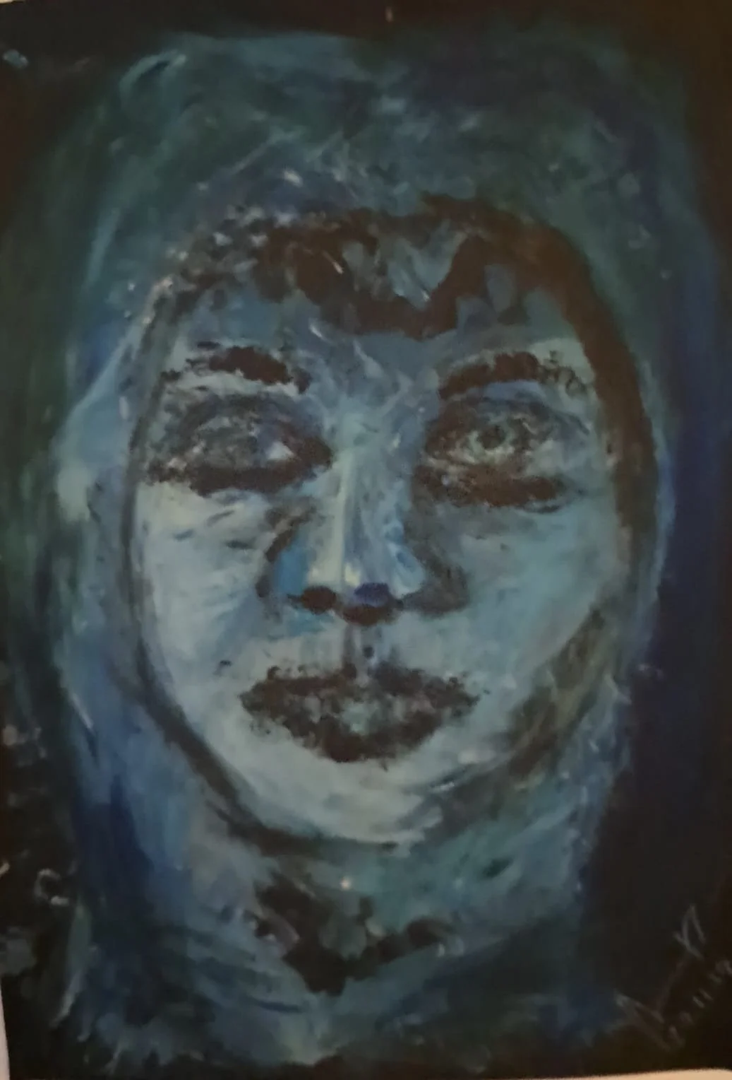 Abstract painting of a woman's face using dark and muted colors.