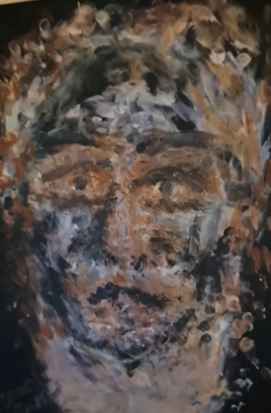 Abstract portrait of a woman's face painted with expressive brushstrokes in earthy tones of brown, black, gray, and white.