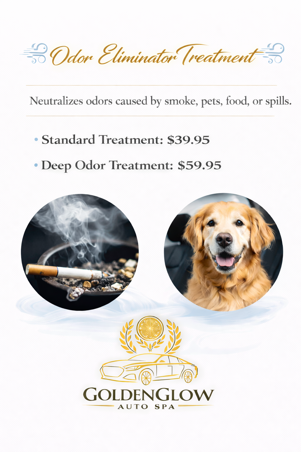 A flyer for odor elimination treatments featuring a smoking cigarette on the left and a happy golden retriever on the right, with pricing details and the GoldenGlow Auto Spa logo at the bottom.
